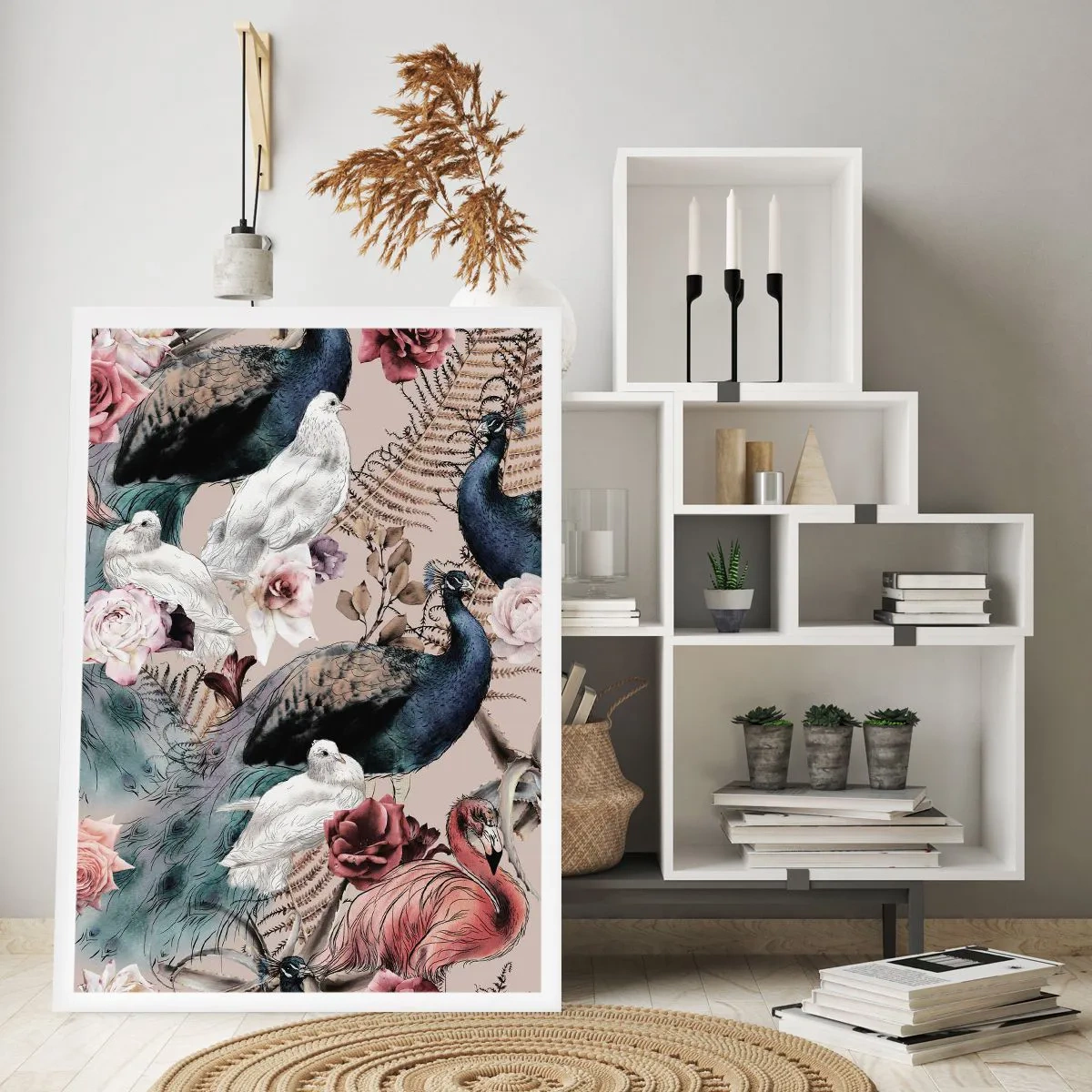 Affiche - Poster - Oiseaux et fleurs colorés sur fond beige - 50x70cm - Dans un jardin de palace - Décoration murale moderne pour le salon et la chambre ARTTOR