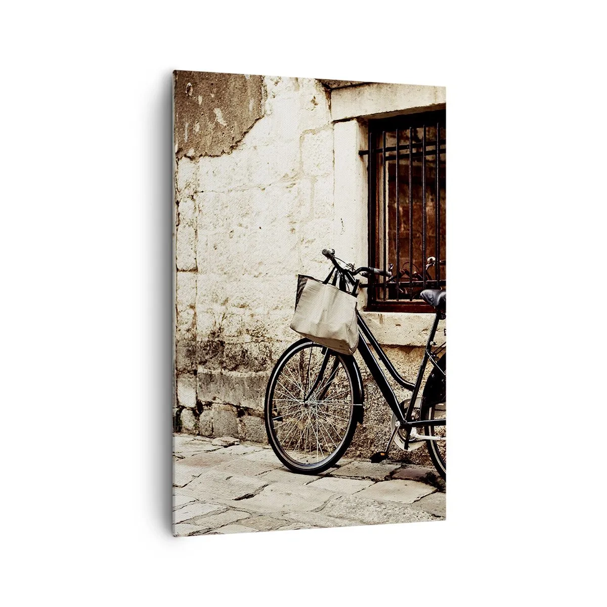 Impression sur toile - Image sur toile - Un vélo contre un mur de pierre avec une fenêtre et une porte de style rétro - 80x120cm - Retour au passé - Décoration murale moderne pour le salon et la chambre ARTTOR
