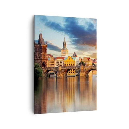Impression sur toile - Image sur toile - Le pont historique sur la rivière à la lumière du soleil couchant - 50x70cm - Belle depuis des lustres - Décoration murale moderne pour le salon et la chambre ARTTOR