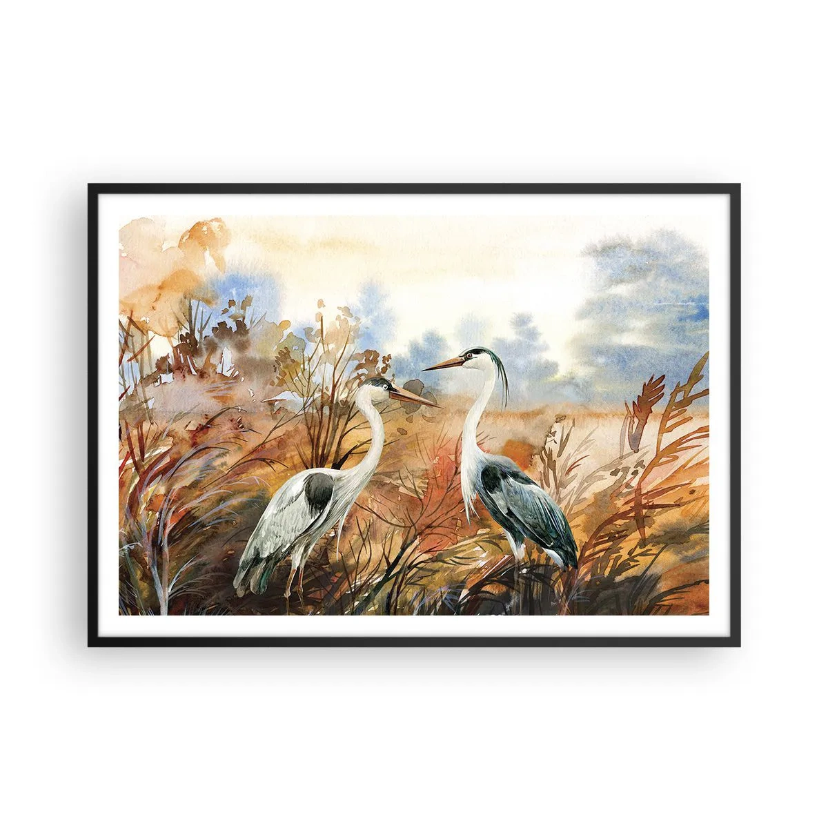 Affiche dans un cadre noir - Poster - Deux hérons sur fond de paysage d'automne - 100x70cm - Jusqu'où en automne ? - Décoration murale moderne pour le salon et la chambre ARTTOR