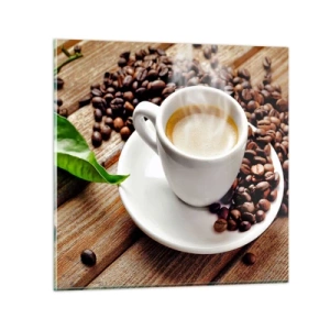 Impression sur verre - Image sur verre - Café sur un banc - 70x70 cm