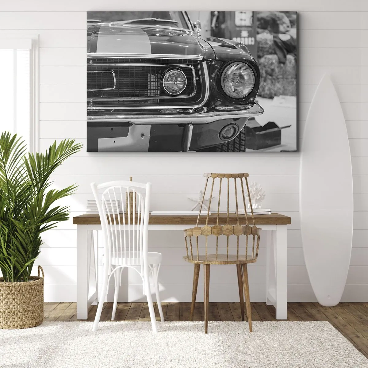 Impression sur toile - Image sur toile - Capot de voiture classique noir et blanc - 70x50cm - Conduire dur - Décoration murale moderne pour le salon et la chambre ARTTOR