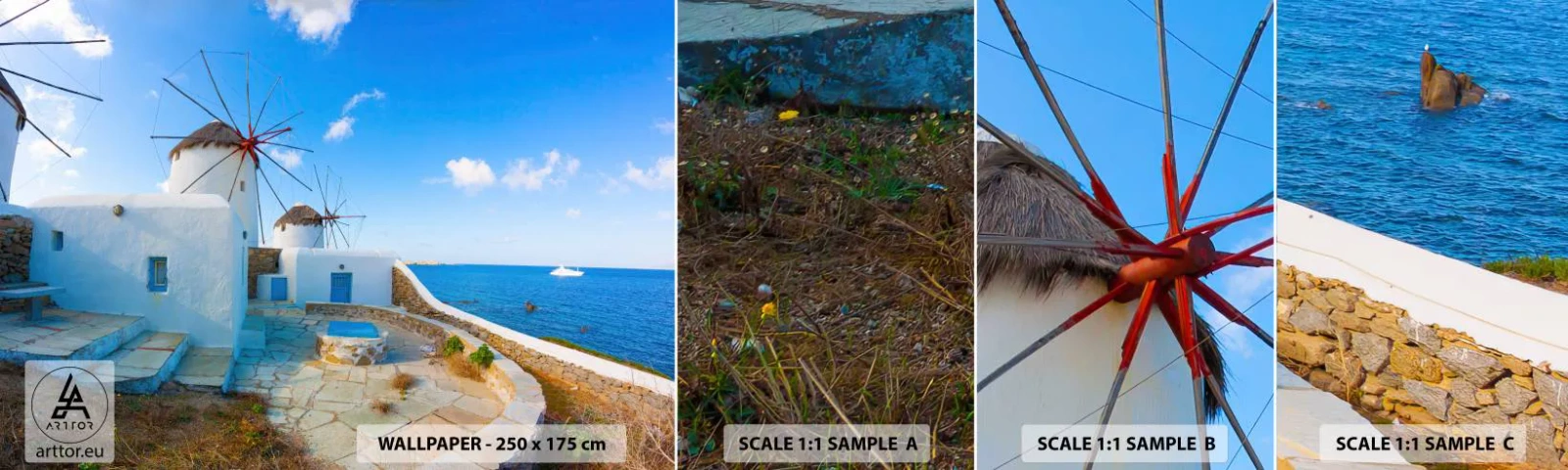 Échantillon de Papier Peint Autocollant Deluxe Sticker - Le vent bleu de la mer - Architecture, Paysage, Grèce - 100x30 cm