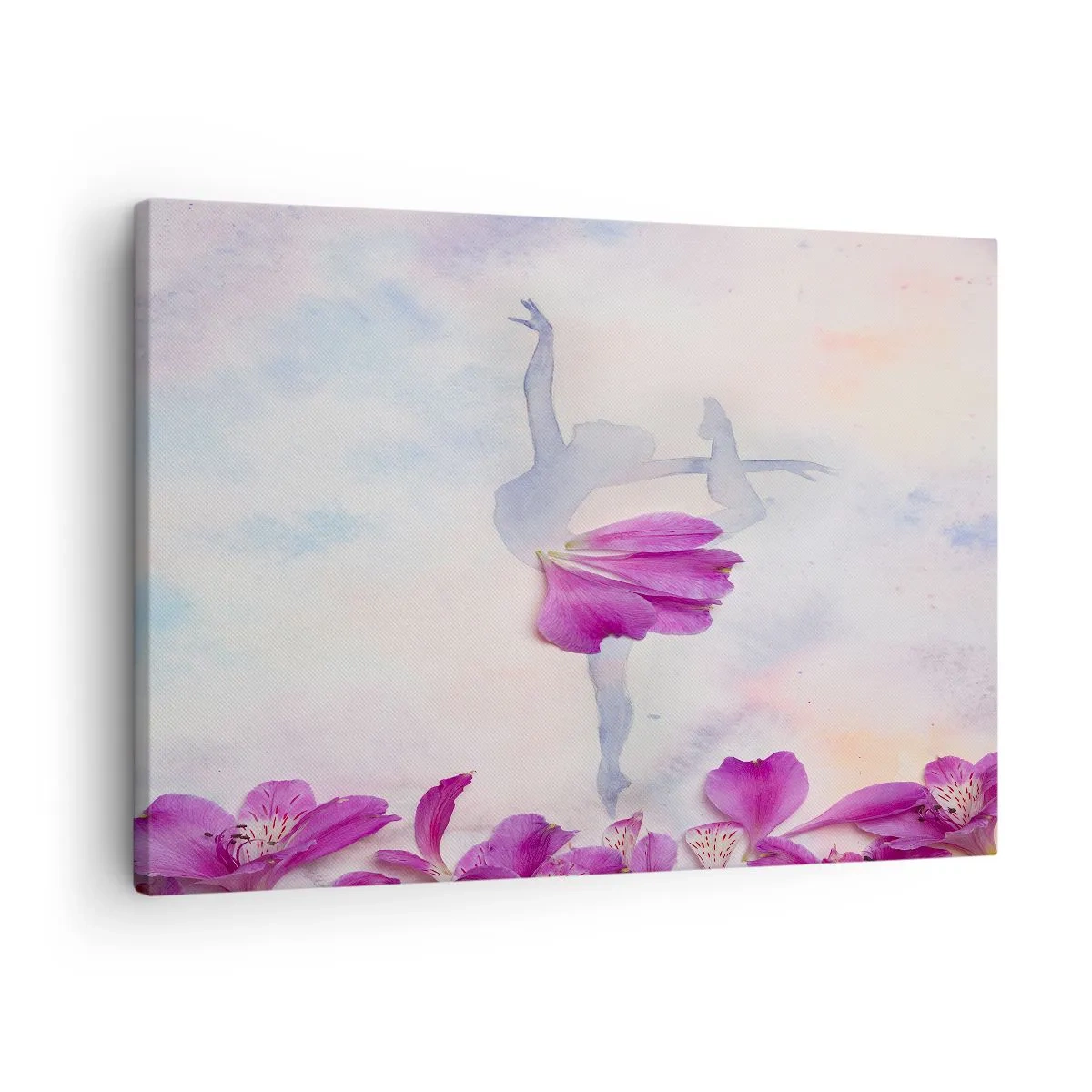Impression sur toile - Image sur toile - Une danseuse en robe à pétales de fleurs sur fond pastel - 70x50cm - Délicat comme une fleur - Décoration murale moderne pour le salon et la chambre ARTTOR