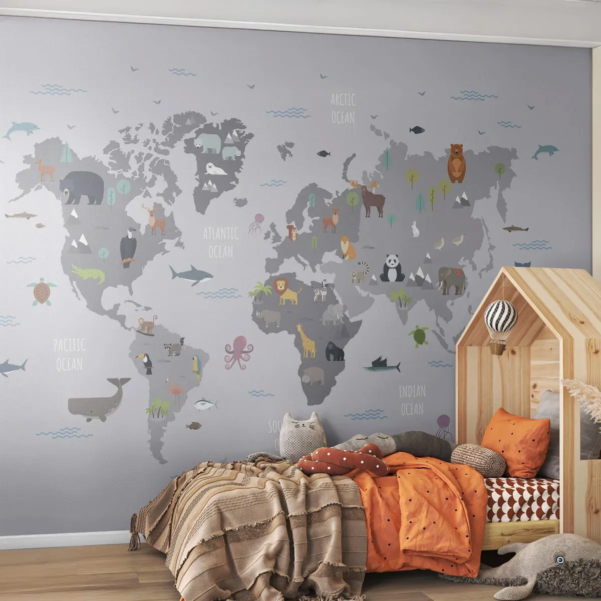 Papier Peint Photo Premium Sand - Carte du monde illustrée avec des animaux caractéristiques - 100x70cm - Dis-moi d'où tu viens... - Décoration murale moderne pour le salon et la chambre ARTTOR
