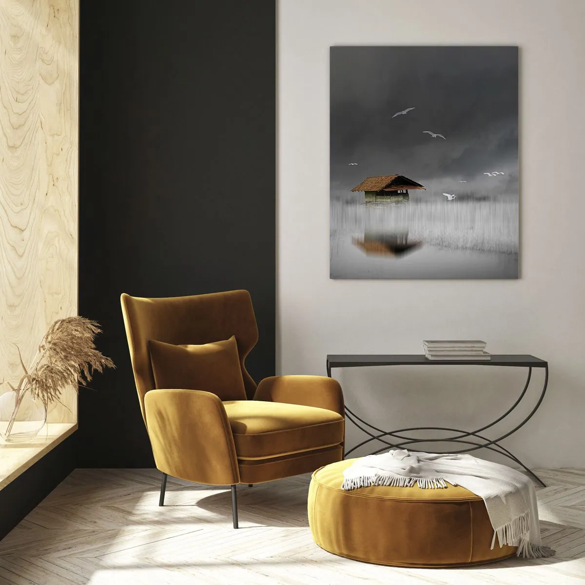 Impression sur verre - Image sur verre - Une maison sur l'eau dans le brouillard avec des oiseaux qui volent - 50x70cm - A l'abri de la pluie - Décoration murale moderne pour le salon et la chambre ARTTOR