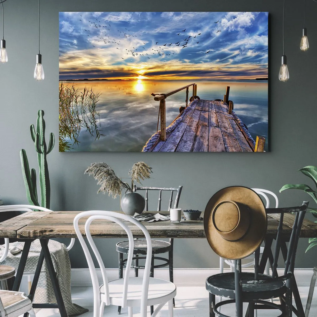 Impression sur toile - Image sur toile - Jetée en bois sur le lac au coucher du soleil - 120x80cm - Le vent se repose - Décoration murale moderne pour le salon et la chambre ARTTOR