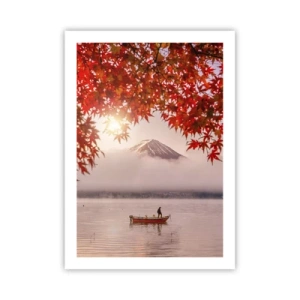 Affiche - Poster - Mont Fuji avec un bateau sur un lac et des feuilles d'automne - 50x70cm - Dans le climat japonais - Décoration murale moderne pour le salon et la chambre ARTTOR