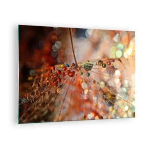 Impression sur verre - Image sur verre - Gouttes d'eau sur une délicate toile d'araignée sous une lumière bokeh - 70x50cm - Enfilé sur un fil d'araignée - Décoration murale moderne pour le salon et la chambre ARTTOR
