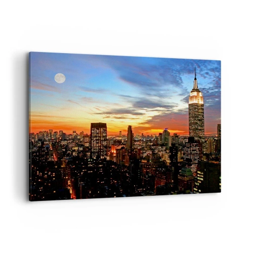 Impression sur toile - Image sur toile - Panorama de la ville avec des gratte-ciel illuminés au crépuscule - 100x70cm - Nuit américaine lumineuse - Décoration murale moderne pour le salon et la chambre ARTTOR