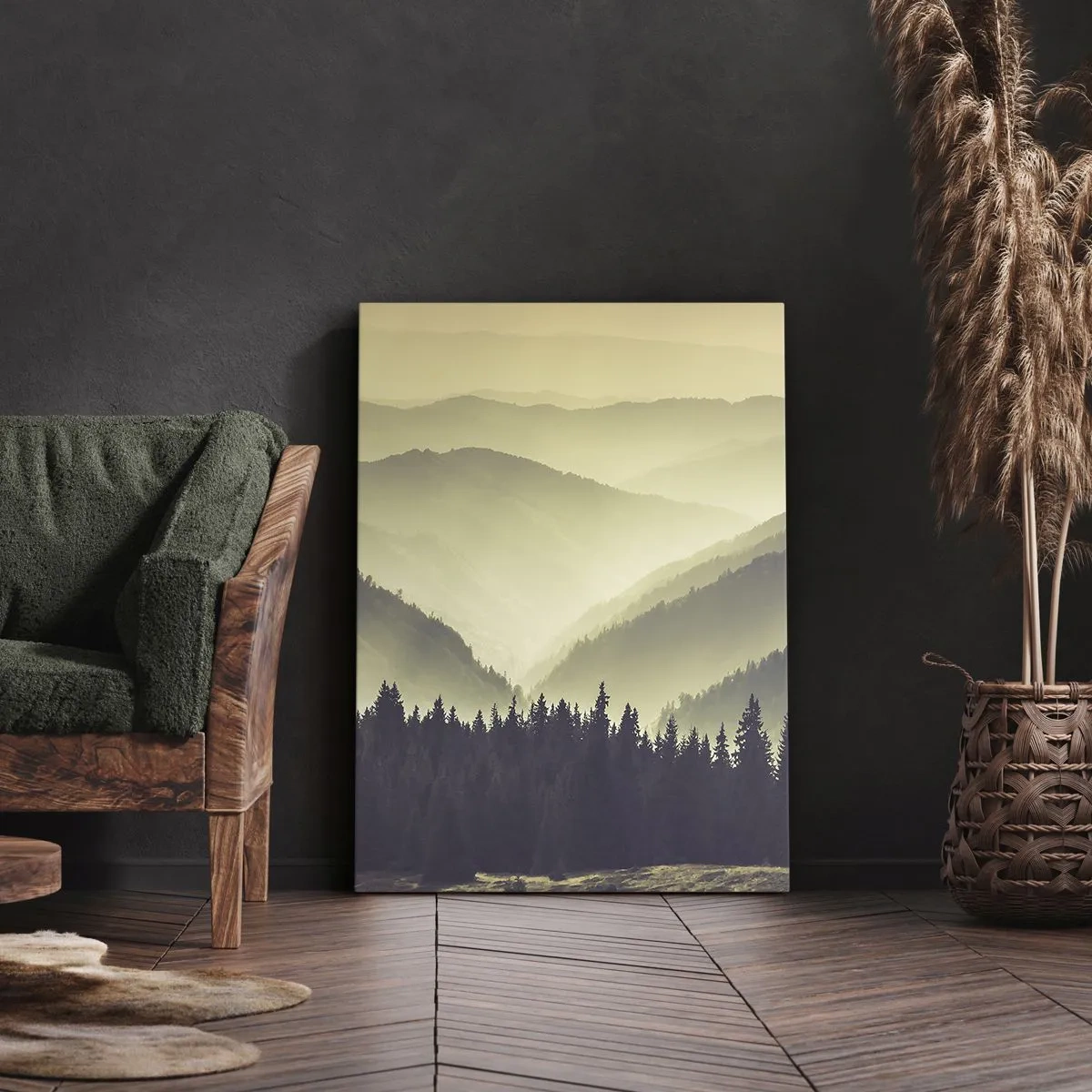 Impression sur toile - Image sur toile - Des chaînes de montagnes pittoresques enveloppées de brume dans une lumière chaude - 70x100cm - Derrière les sept montagnes… - Décoration murale moderne pour le salon et la chambre ARTTOR