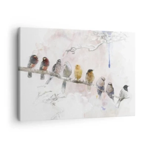 Impression sur toile - Image sur toile - Oiseaux colorés sur une branche dans un style aquarelle - 70x50cm - Rencontre ailée - Décoration murale moderne pour le salon et la chambre ARTTOR