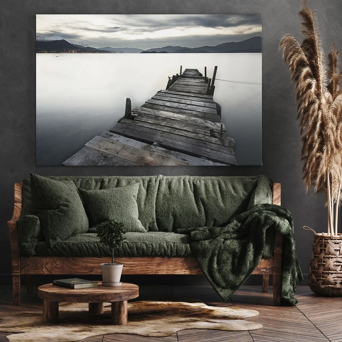 Impression sur toile - Image sur toile - Un pont en bois menant vers un lac tranquille - 70x50cm - Immergez-vous dans la paix - Décoration murale moderne pour le salon et la chambre ARTTOR