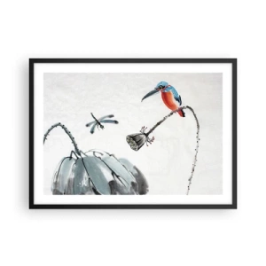 Affiche dans un cadre noir - Poster - Un oiseau coloré sur fond de végétation et une libellule - 70x50cm - La vie du champ - Décoration murale moderne pour le salon et la chambre ARTTOR