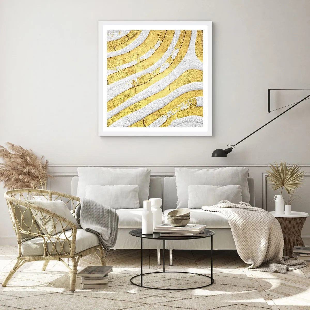 Affiche dans un cadre blanc - Poster - Composition en blanc et or - 30x30 cm