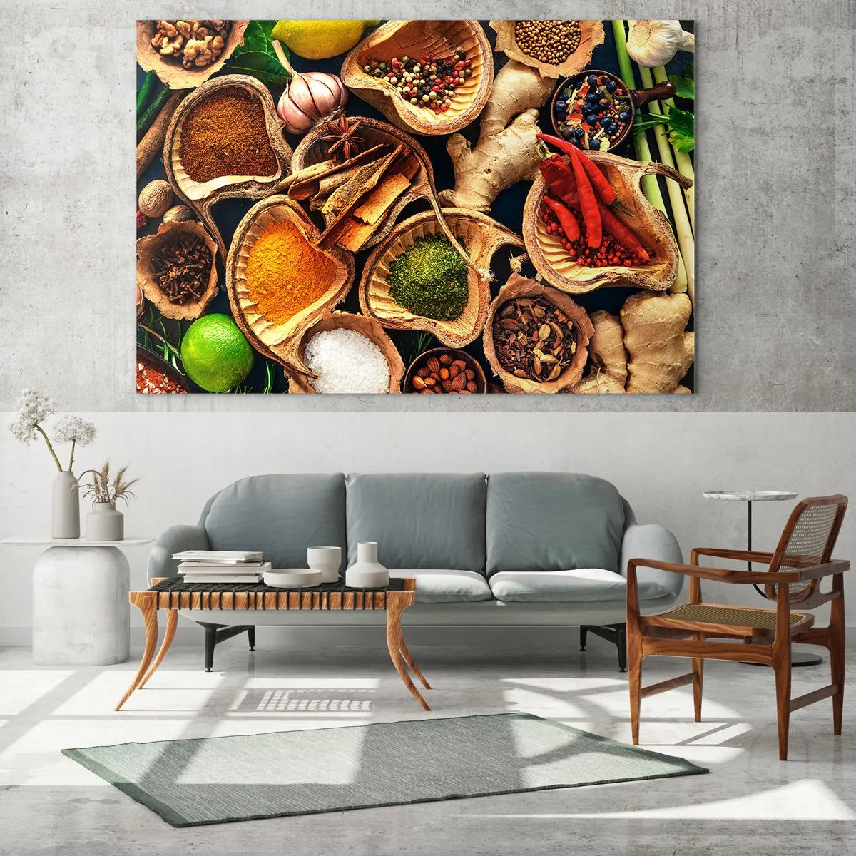 Impression sur verre - Image sur verre - Épices colorées dans des contenants naturels avec additifs - 100x70cm - Prends ce que tu veux - Décoration murale moderne pour le salon et la chambre ARTTOR