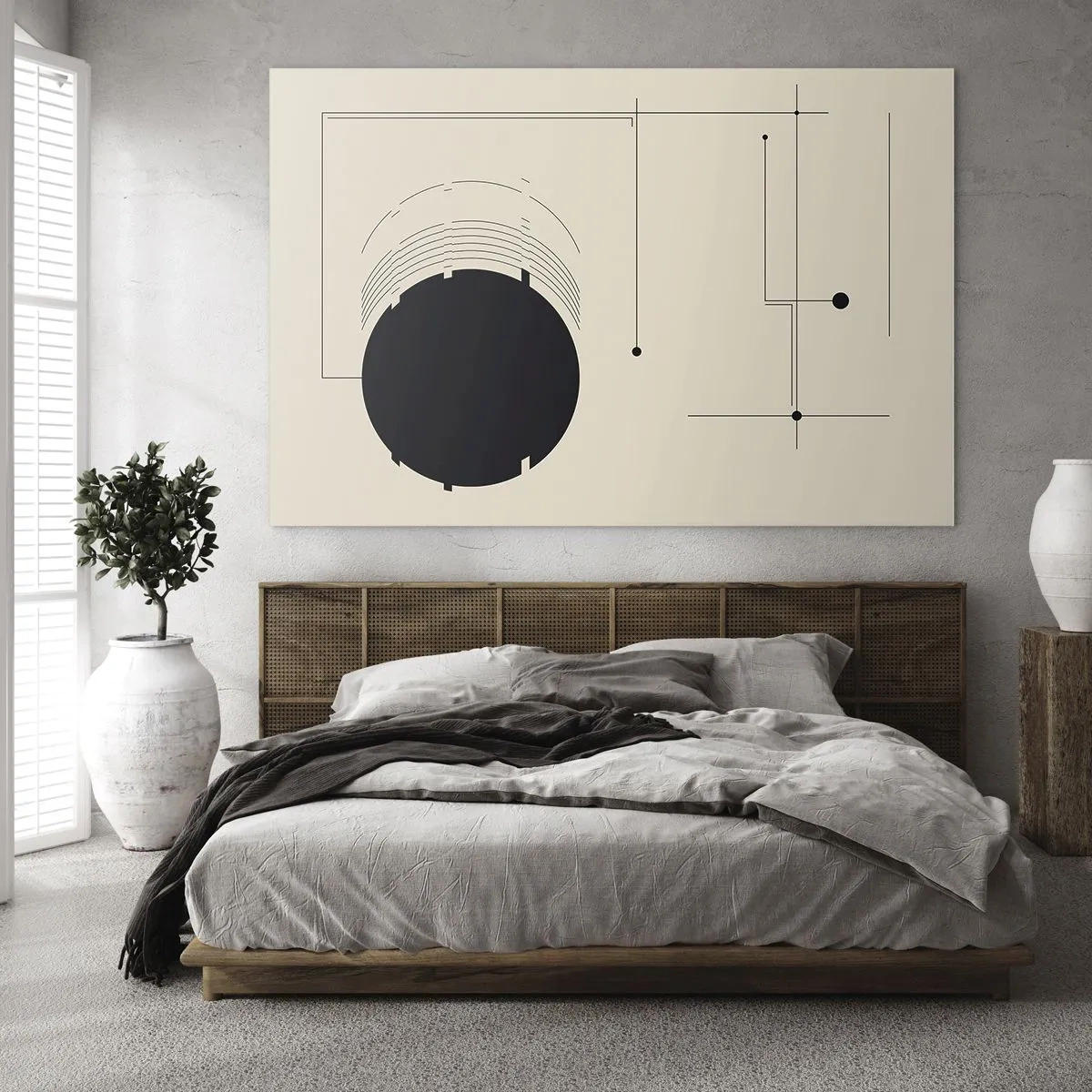 Impression sur verre - Image sur verre - Composition abstraite avec un cercle noir et des lignes géométriques - 70x50cm - Une composition flexible et dynamique - Décoration murale moderne pour le salon et la chambre ARTTOR