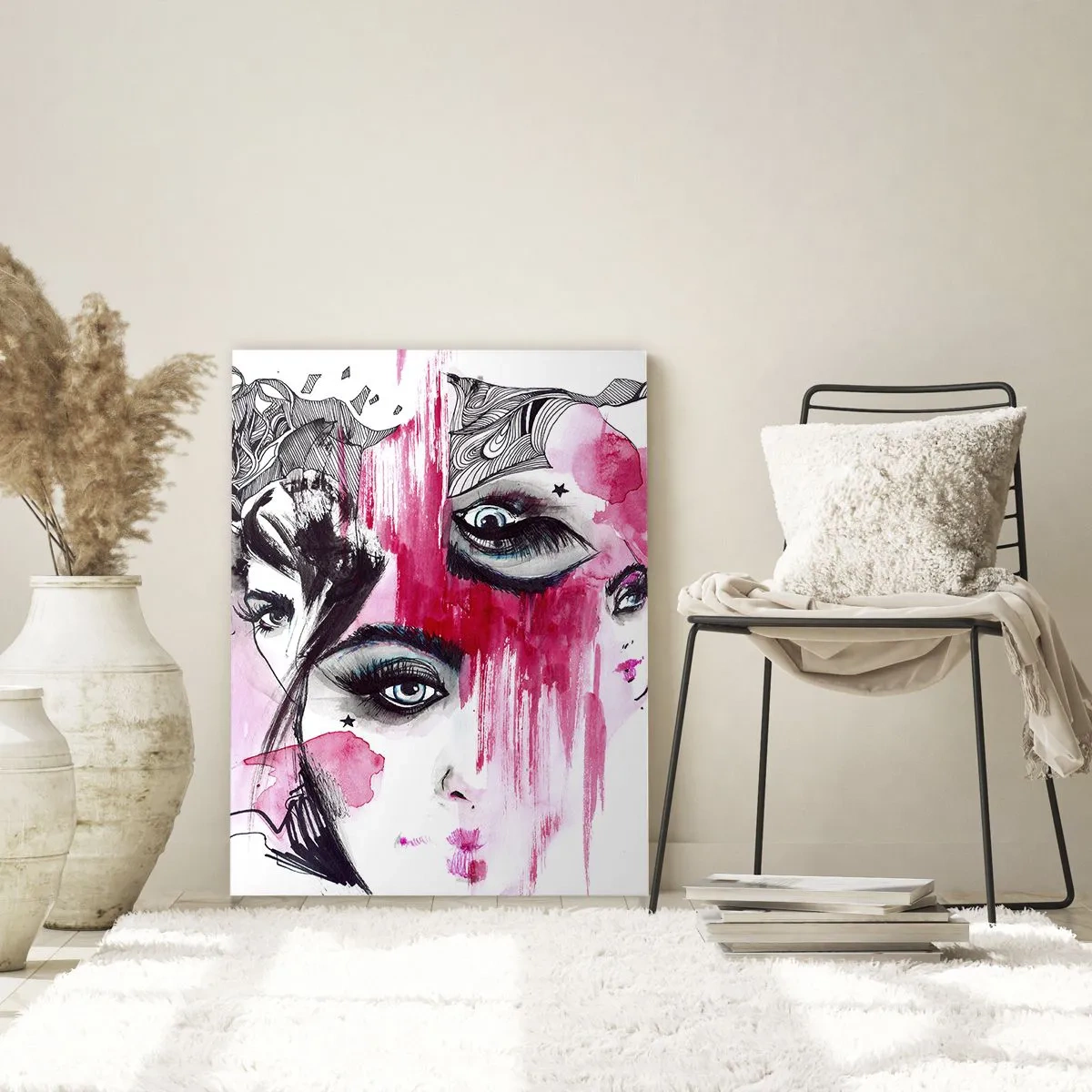 Impression sur verre - Image sur verre - Visages féminins abstraits avec des accents roses dans un style croquis. - 50x70cm - Yeux abstraits - Décoration murale moderne pour le salon et la chambre ARTTOR