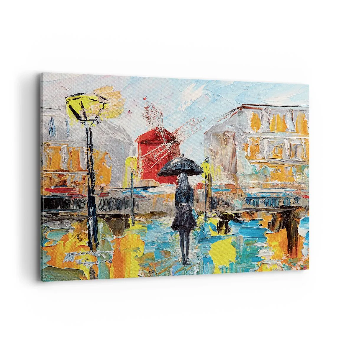 Impression sur toile - Image sur toile - Une scène pittoresque avec un parapluie sur fond de Paris aux couleurs vibrantes. - 120x80cm - Légende parisienne - Décoration murale moderne pour le salon et la chambre ARTTOR