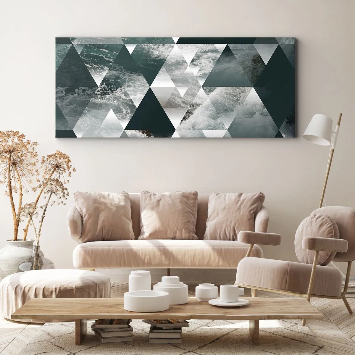 Impression sur toile - Image sur toile - Motif géométrique avec un motif de vagues dans des tons de vert - 160x50cm - Point de vue de cristal - Décoration murale moderne pour le salon et la chambre ARTTOR