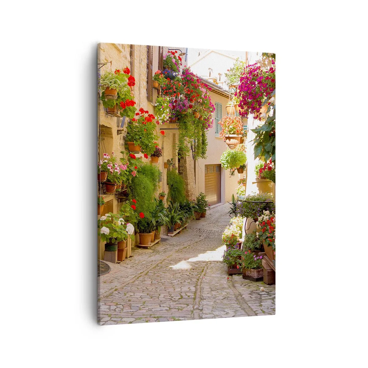 Impression sur toile - Image sur toile - Une rue avec des pots de fleurs et des murs de pierre - 50x70cm - Une inondation de fleurs - Décoration murale moderne pour le salon et la chambre ARTTOR