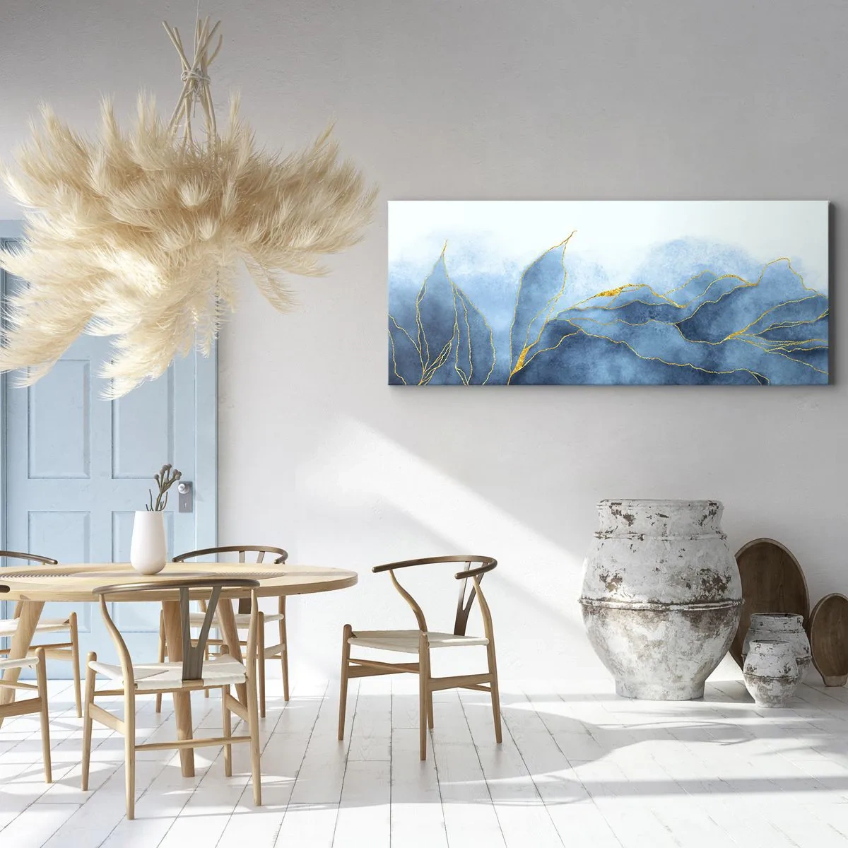 Impression sur toile - Image sur toile - Vagues abstraites dans des tons de bleu avec des accents dorés - 120x50cm - Bleu doré - Décoration murale moderne pour le salon et la chambre ARTTOR