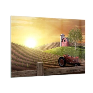 Impression sur verre - Image sur verre - Coucher de soleil sur une ferme avec un champ et un tracteur - 100x70cm - Une ferme comme dans un conte de fées - Décoration murale moderne pour le salon et la chambre ARTTOR