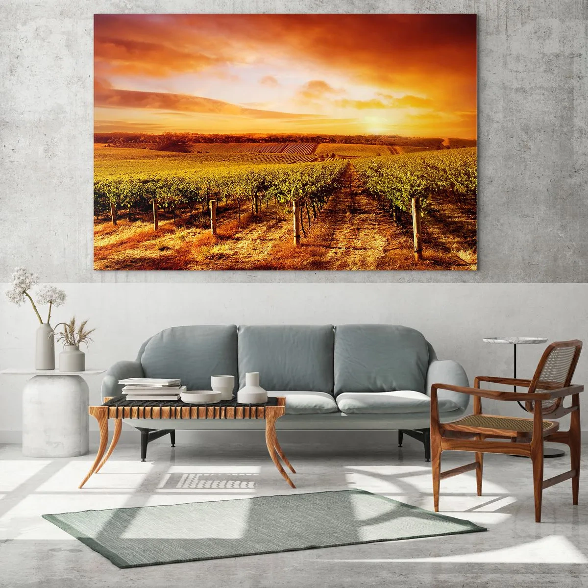 Impression sur verre - Image sur verre - Vignes dans un champ au coucher du soleil - 100x70cm - Légèrement fruité avec une pointe de soleil - Décoration murale moderne pour le salon et la chambre ARTTOR