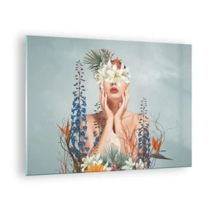 Impression sur verre - Image sur verre - Figure d'une femme avec une couronne de fleurs et une composition florale - 70x50cm - Femme - fleur - Décoration murale moderne pour le salon et la chambre ARTTOR