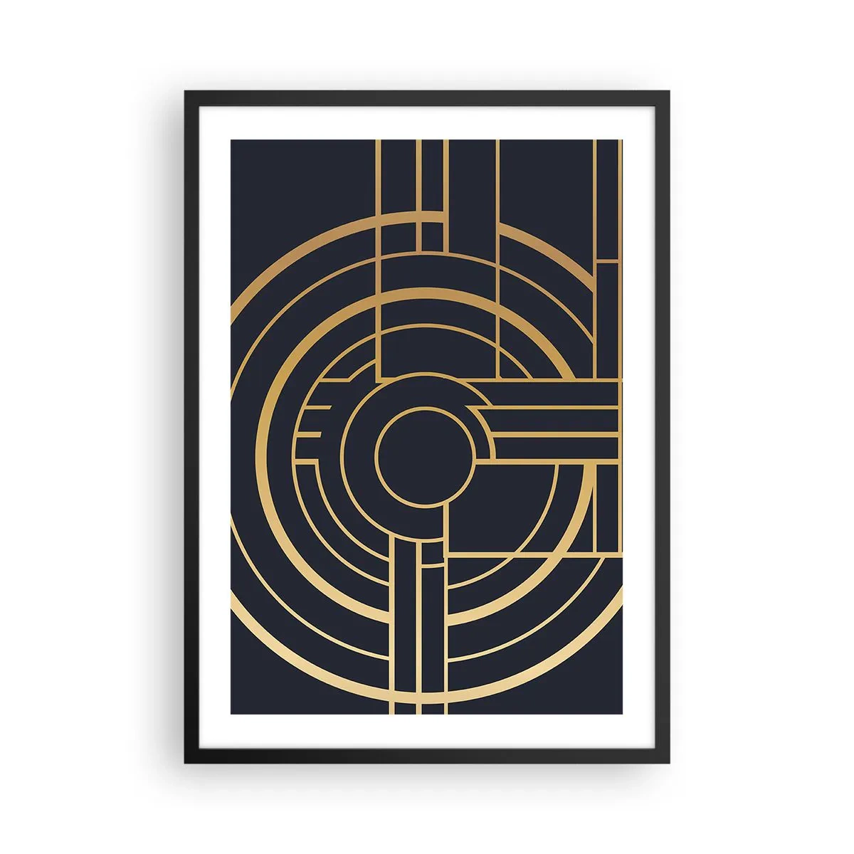 Affiche dans un cadre noir - Poster - Motif géométrique Art déco avec des éléments dorés sur fond sombre - 50x70cm - Rotation des éléments - Décoration murale moderne pour le salon et la chambre ARTTOR