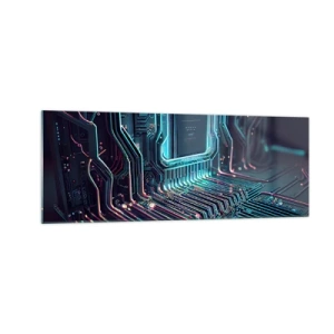 Impression sur verre - Image sur verre - Circuit imprimé technologique avec pistes lumineuses - 140x50cm - Je pense comme ça… - Décoration murale moderne pour le salon et la chambre ARTTOR