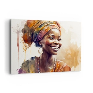 Impression sur toile - Image sur toile - Portrait d'une femme souriante dans un foulard coloré à l'aquarelle - 100x70cm - reine africaine - Décoration murale moderne pour le salon et la chambre ARTTOR