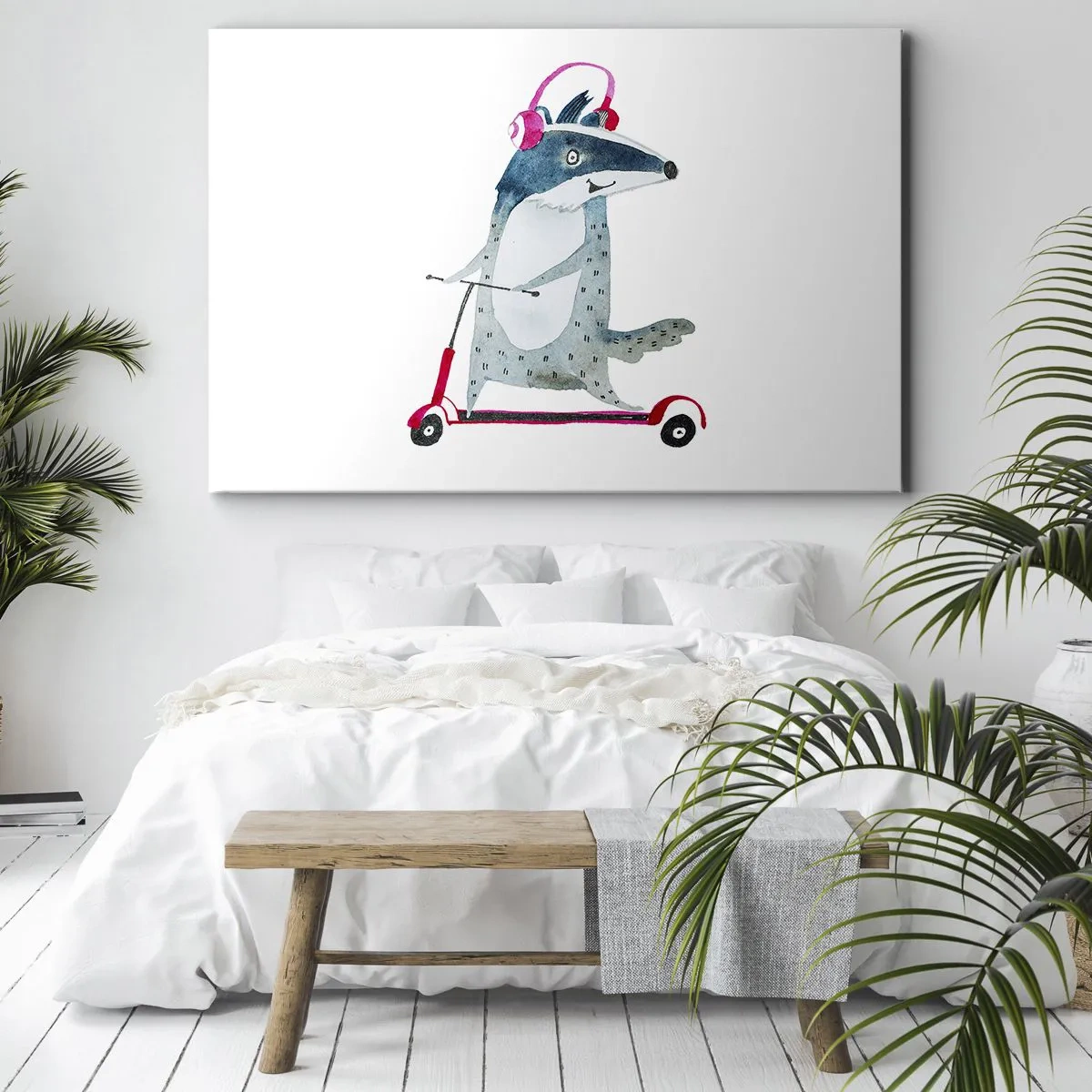 Impression sur toile - Image sur toile - Blaireau sur un scooter avec des écouteurs roses - 120x80cm - La joie du blaireau - Décoration murale moderne pour le salon et la chambre ARTTOR