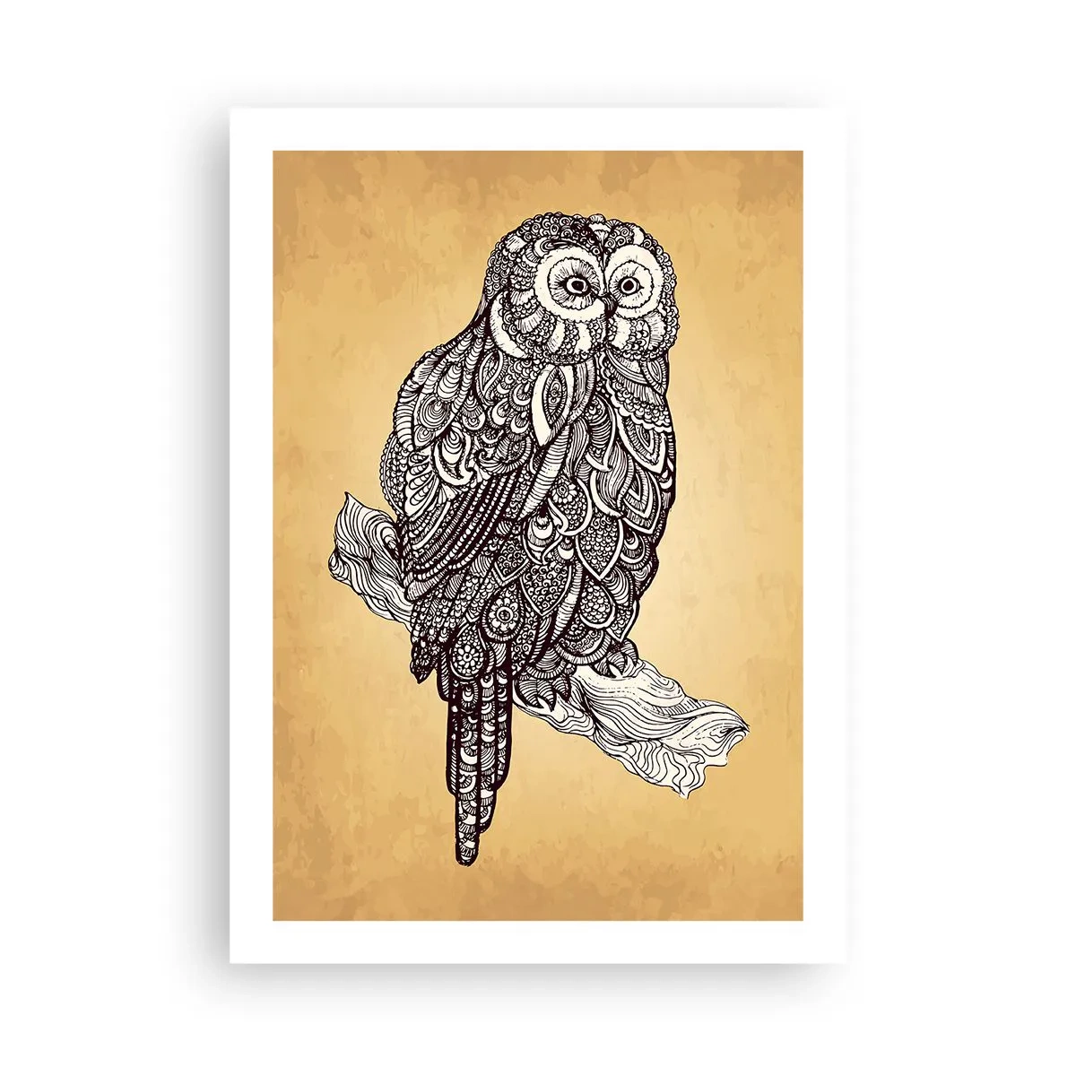 Affiche - Poster - Un hibou stylisé dans un motif ornemental sur fond beige. - 50x70cm - Ornements complexes de sagesse - Décoration murale moderne pour le salon et la chambre ARTTOR