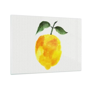 Impression sur verre - Image sur verre - Citron aquarelle avec des feuilles vertes - 70x50cm - Comment reconnaitre le goût du soleil - Décoration murale moderne pour le salon et la chambre ARTTOR