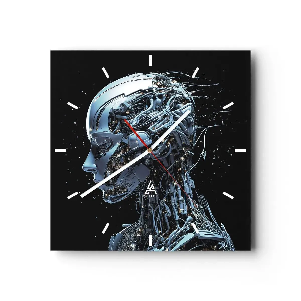 Horloge murale - Pendule murale - Portrait futuriste d'un cyborg dans un style industriel sur fond noir. - 30x30cm - La technologie est une femme - Décoration murale moderne pour le salon et la chambre ARTTOR