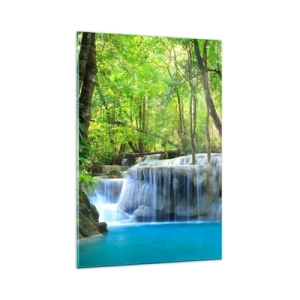Impression sur verre - Image sur verre - Une cascade parmi des arbres verts avec de l'eau bleue dans un cadre naturel - 80x120cm - Se noyer dans le turquoise et le vert - Décoration murale moderne pour le salon et la chambre ARTTOR