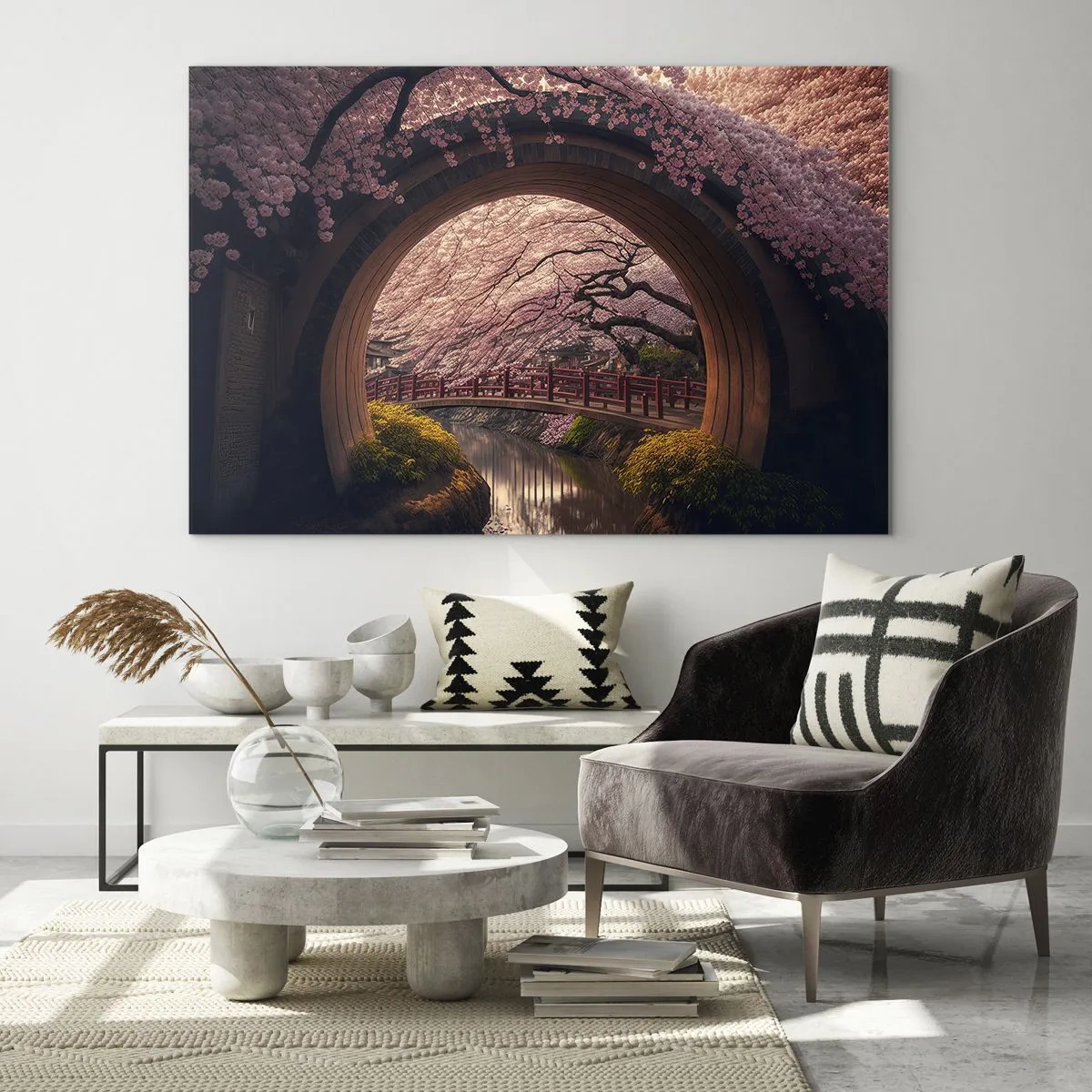 Impression sur verre - Image sur verre - Fleurs de cerisier et pont japonais vus à travers la porte ronde - 70x50cm - Printemps japonais - Décoration murale moderne pour le salon et la chambre ARTTOR