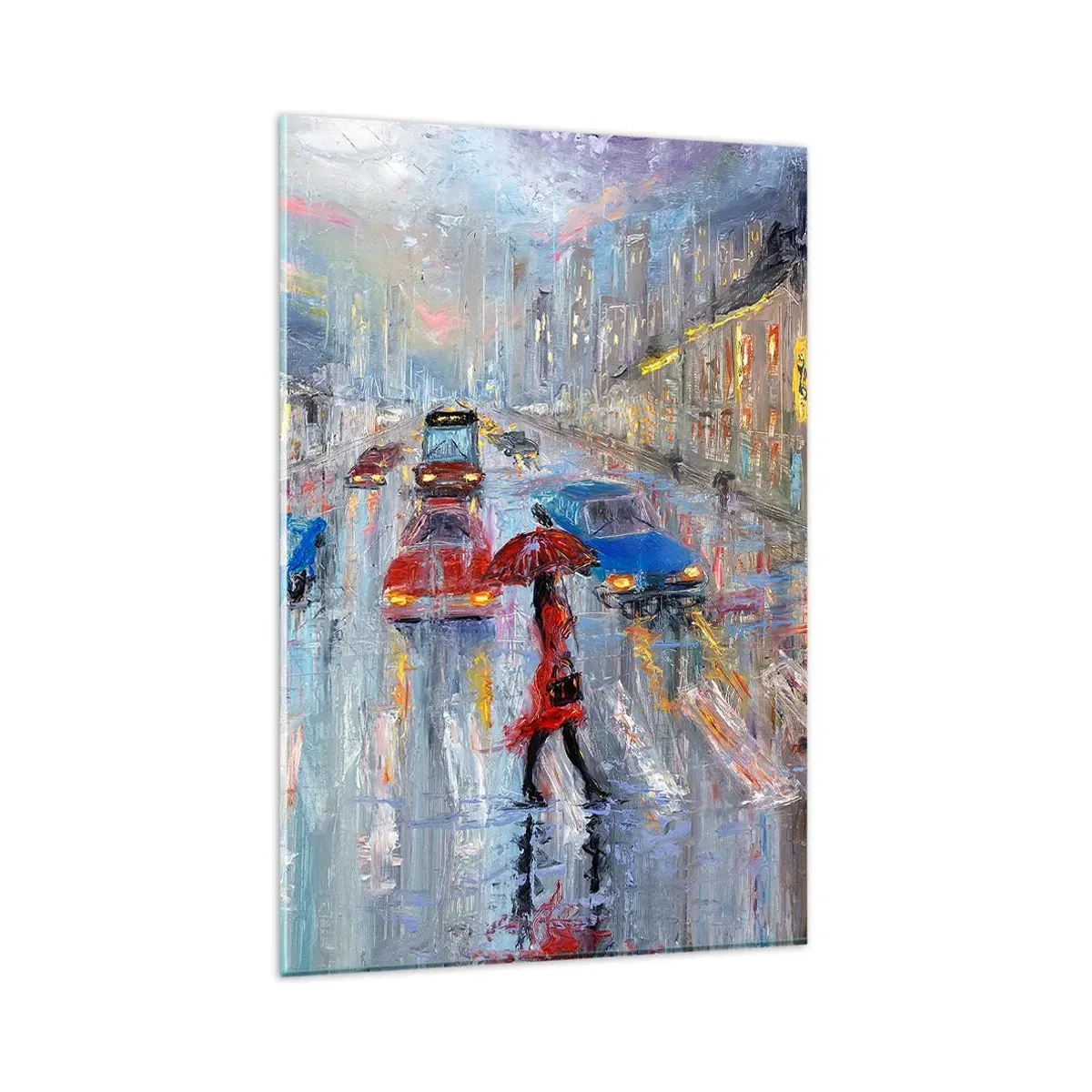 Impression sur verre - Image sur verre - Une femme avec un parapluie dans une rue pluvieuse à la lumière du néon. - 80x120cm - Après-midi pluvieux en ville - Décoration murale moderne pour le salon et la chambre ARTTOR
