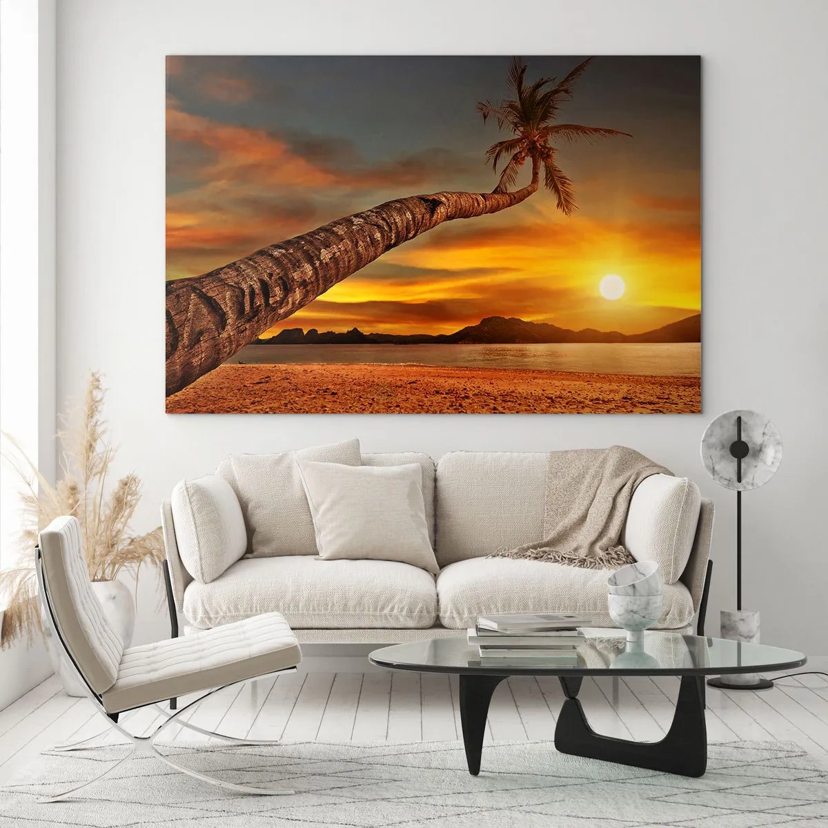 Impression sur verre - Image sur verre - Palmier sur une plage tropicale au coucher du soleil - 70x50cm - Vacances exotiques, aventure caribéenne - Décoration murale moderne pour le salon et la chambre ARTTOR