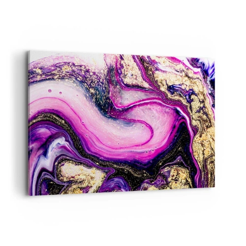 Impression sur toile - Image sur toile - Vagues abstraites dans des tons violets et dorés - 100x70cm - Un instant dans les coulisses - Décoration murale moderne pour le salon et la chambre ARTTOR