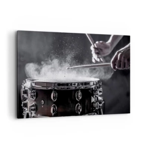 Impression sur toile - Image sur toile - Frapper la caisse claire avec des baguettes avec un effet de poussière - 120x80cm - Tempo de la musique - Décoration murale moderne pour le salon et la chambre ARTTOR
