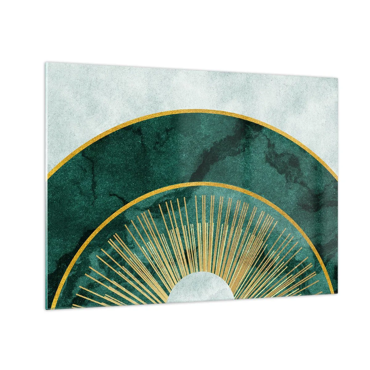 Impression sur verre - Image sur verre - Rayons dorés sur fond de demi-cercles verts avec une structure en marbre - 70x50cm - Un autre système solaire - Décoration murale moderne pour le salon et la chambre ARTTOR