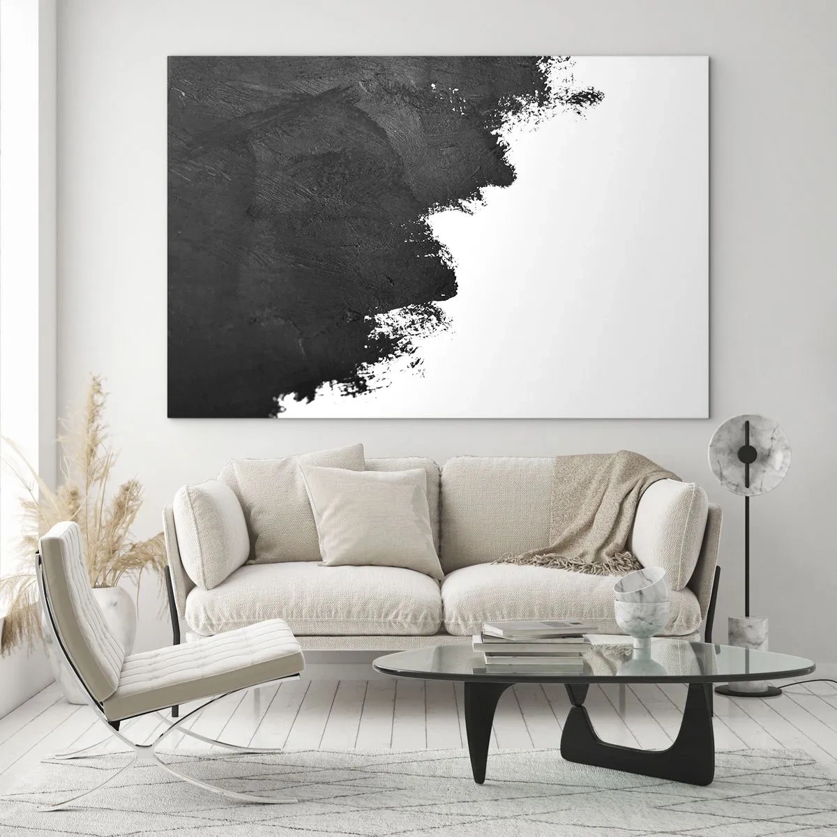 Impression sur verre - Image sur verre - Texture de peinture noire sur fond blanc dans un style minimaliste - 70x50cm - Éléments : terre - Décoration murale moderne pour le salon et la chambre ARTTOR