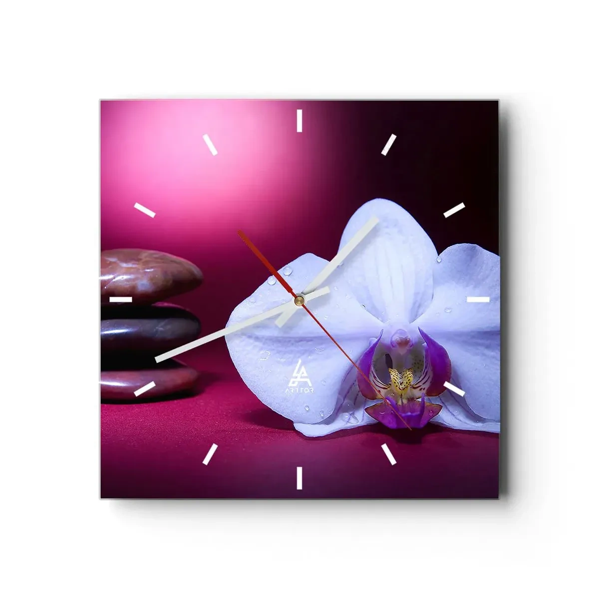 Horloge murale - Pendule murale - Orchidée blanche et pierres sur fond rose - 30x30cm - Une étude de fraîcheur en violet - Décoration murale moderne pour le salon et la chambre ARTTOR