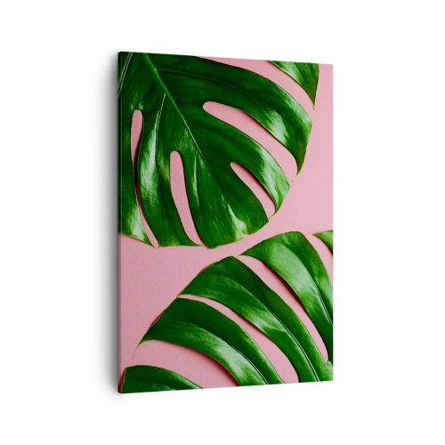 Impression sur toile - Image sur toile - Feuilles de monstera vertes sur fond rose - 50x70cm - Rendez-vous vert - Décoration murale moderne pour le salon et la chambre ARTTOR