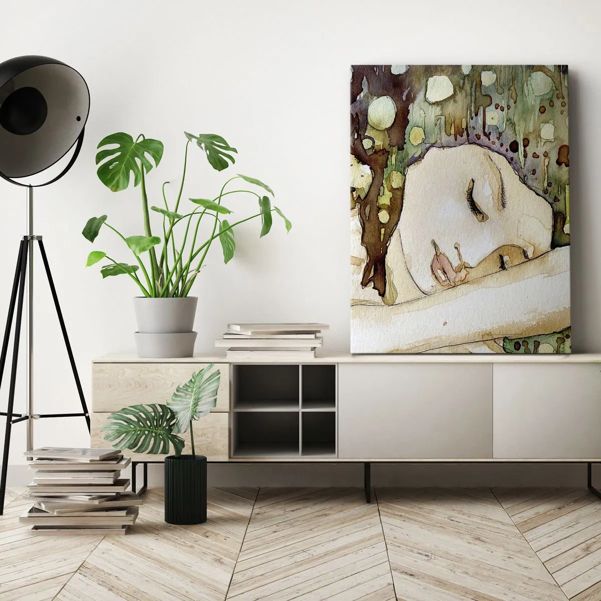 Impression sur toile - Image sur toile - Une femme rêvant entourée de formes et de couleurs abstraites. - 50x70cm - Un rêve violet émeraude - Décoration murale moderne pour le salon et la chambre ARTTOR
