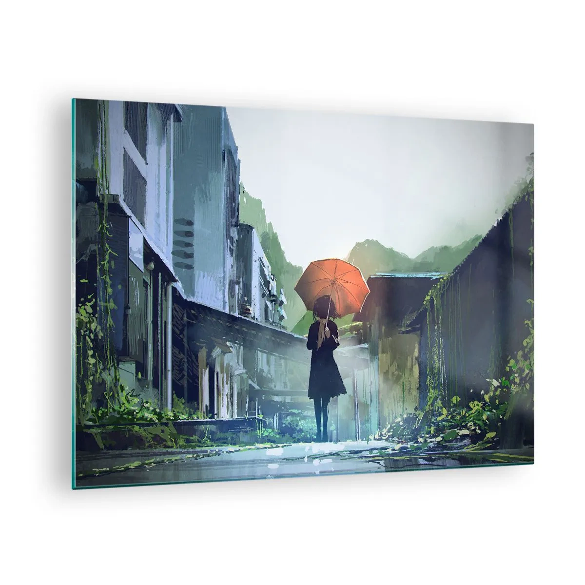 Impression sur verre - Image sur verre - Une silhouette avec un parapluie orange dans une rue pluvieuse - 70x50cm - Pluie vivifiante - Décoration murale moderne pour le salon et la chambre ARTTOR