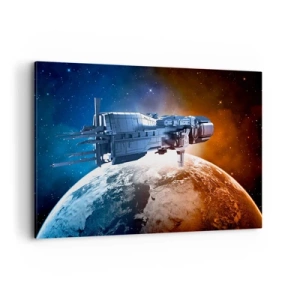 Impression sur toile - Image sur toile - Un vaisseau spatial avec en arrière-plan une planète dans l'espace - 100x70cm - Un observateur attentif - Décoration murale moderne pour le salon et la chambre ARTTOR