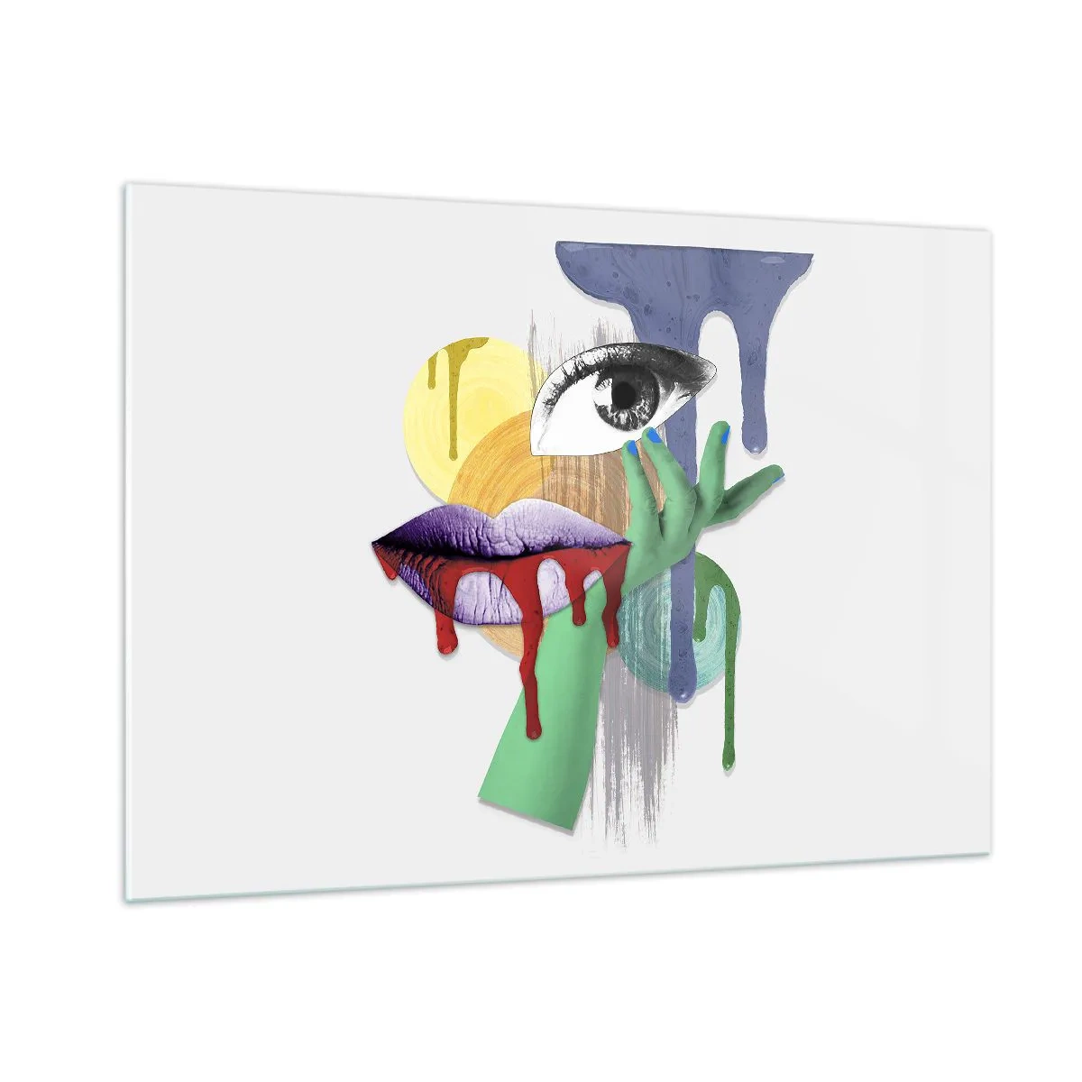 Impression sur verre - Image sur verre - Composition abstraite avec œil, bouche et couleurs - 100x70cm - Un portrait déconstruit - Décoration murale moderne pour le salon et la chambre ARTTOR